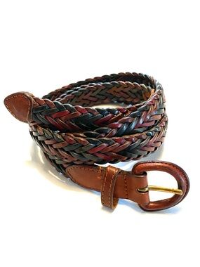 Braided Leather Belt Cognac Multi Colour Woven Brass Buckle Unisex Size 38